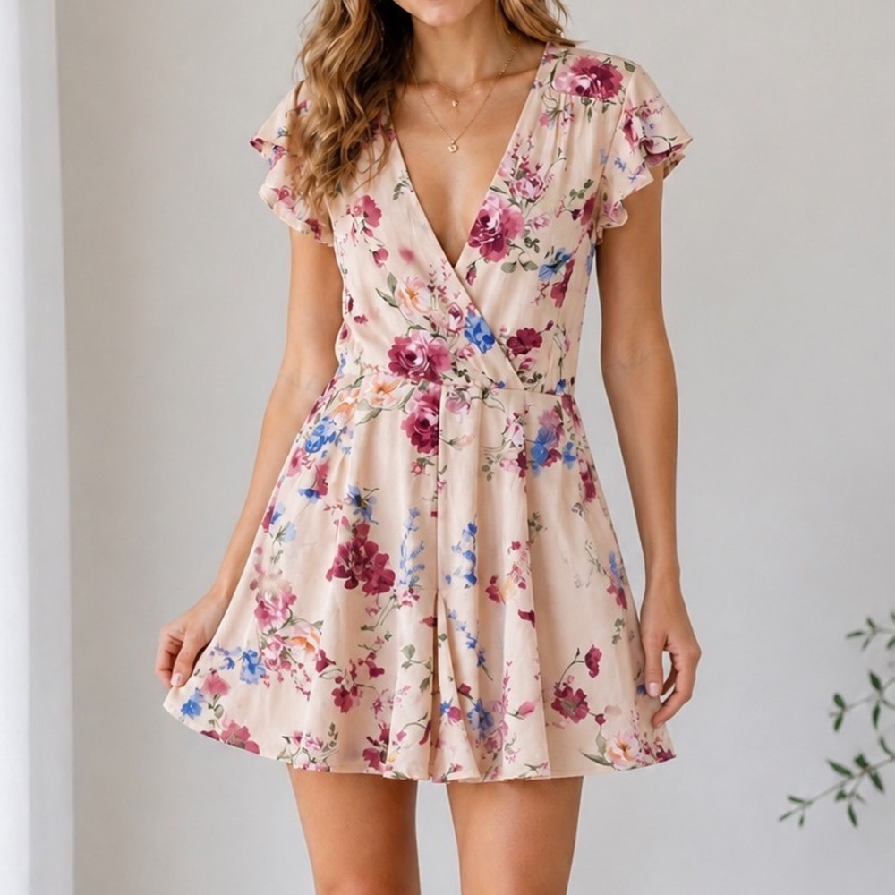 Altar'd State Women Peach Floral Adams Romper Med Flutter Sleeve V-Neck Tie Back